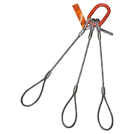 Three Leg Wire Rope Sling, 7/16 In Dia, 4 Ft Length, Flemish Loop, 5 Ton Capacity